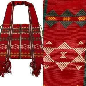 Vintage Bohemian Satchel Shoulder crossbody Bag red fringe ethnic Guatemalan